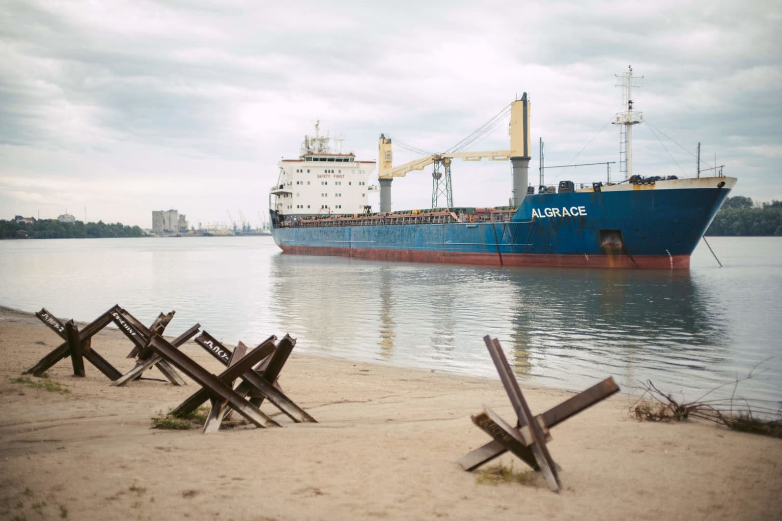 cargo ship Algrace anchors on the Danube River near the port of Izmail, Odesa Oblast, Ukraine, on July 27, 2023