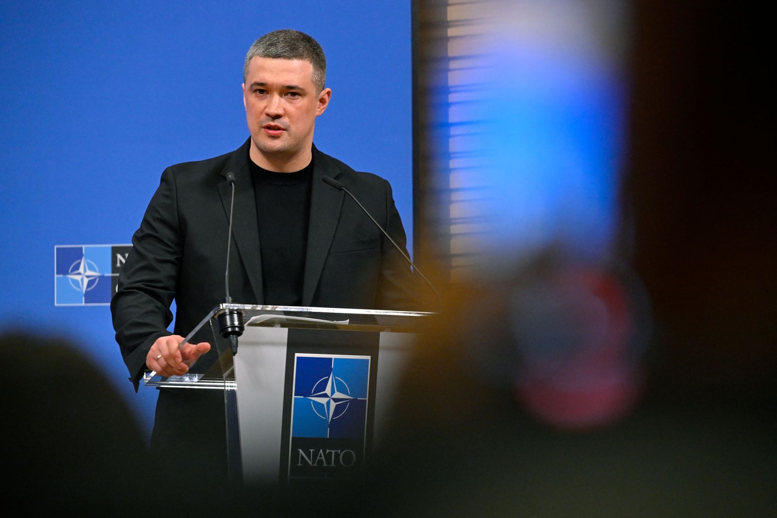 Ukraine's Defense Minister Mykhailo Fedorov speaks during a press conference after a meeting of the Ukraine Defense Contact Group during a NATO Defense Ministers meeting at the NATO headquarters, in Brussels, on June 18, 2026. (JOHN THYS / AFP via Getty Images)