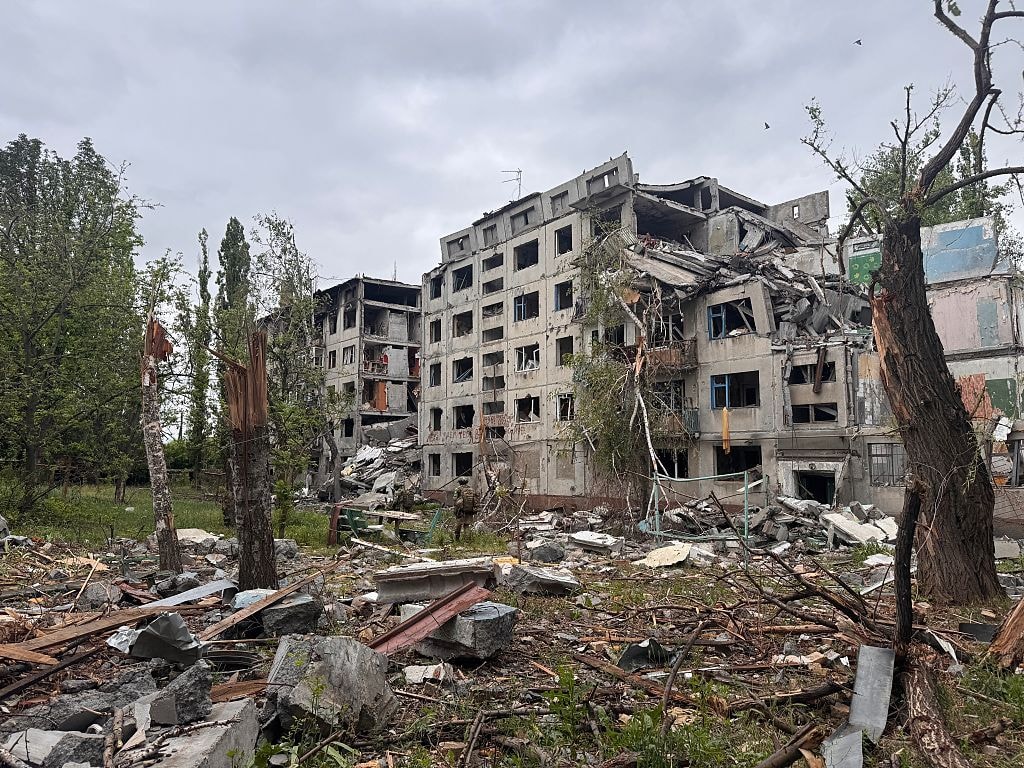 Apartment buildings destroyed by hostilities are seen in Oleksiievo-Druzhkivka, Donetsk Oblast, Ukraine, on June 14, 2026. The rural settlement lies about 10 kilometers (6 miles) from Kostiantynivka, where active fighting continues amid Russia's ongoing war against Ukraine. (Alex Nikitenko / Global Images Ukraine / Getty Images)
