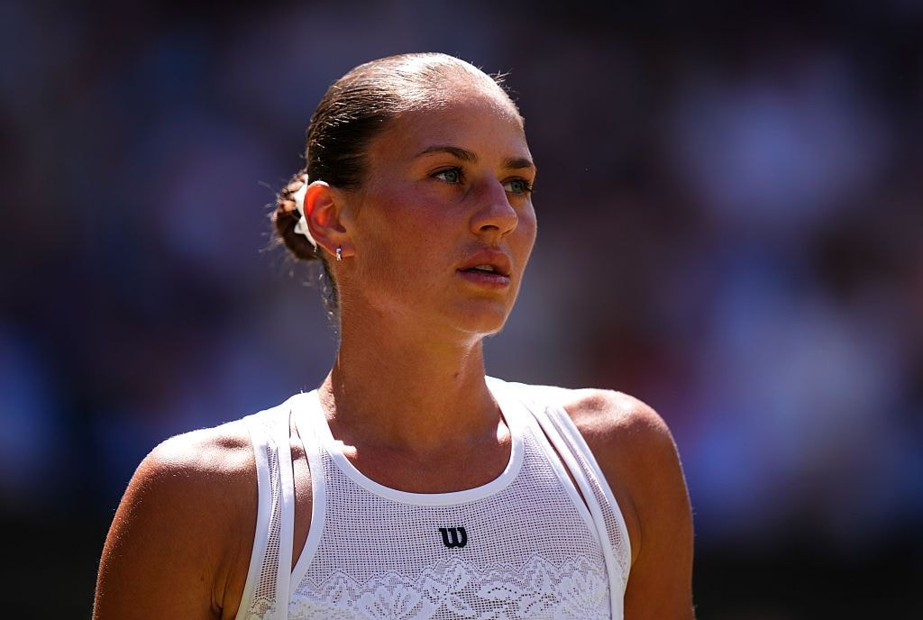 Ukrainian tennis player Marta Kostiuk during her Ladies' Singles match against Jasmine Paolini of Italy on Day 10 of the 2026 Wimbledon Championships in London, U.K., on July 8, 2026. (Mike Egerton/PA Images via Getty Images)