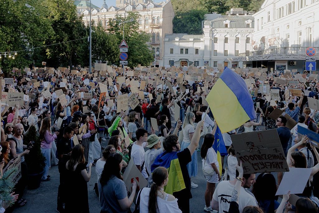 People gather for protests in central Kyiv on July 17, 2026. (Anna Zubenko/Frontliner/Getty Images)
