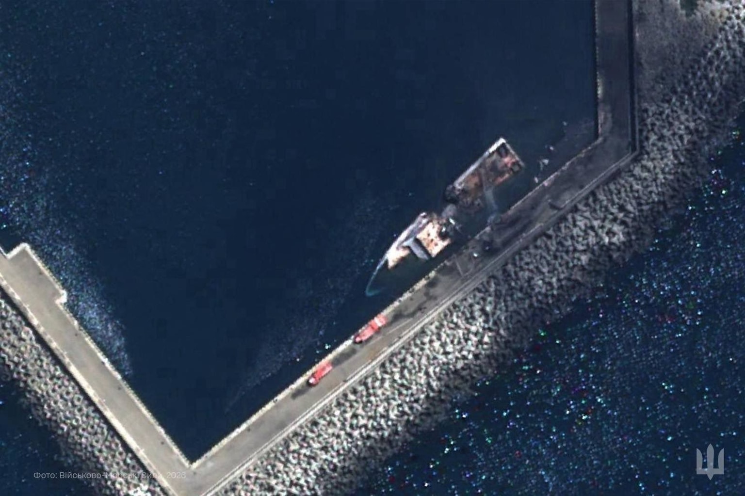 Satellite imagery released by the Ukrainian Navy on July 14, 2026, purporting to show the sunken Russian border guard patrol ship the Izumrud. (Ukrainian Navy/X)