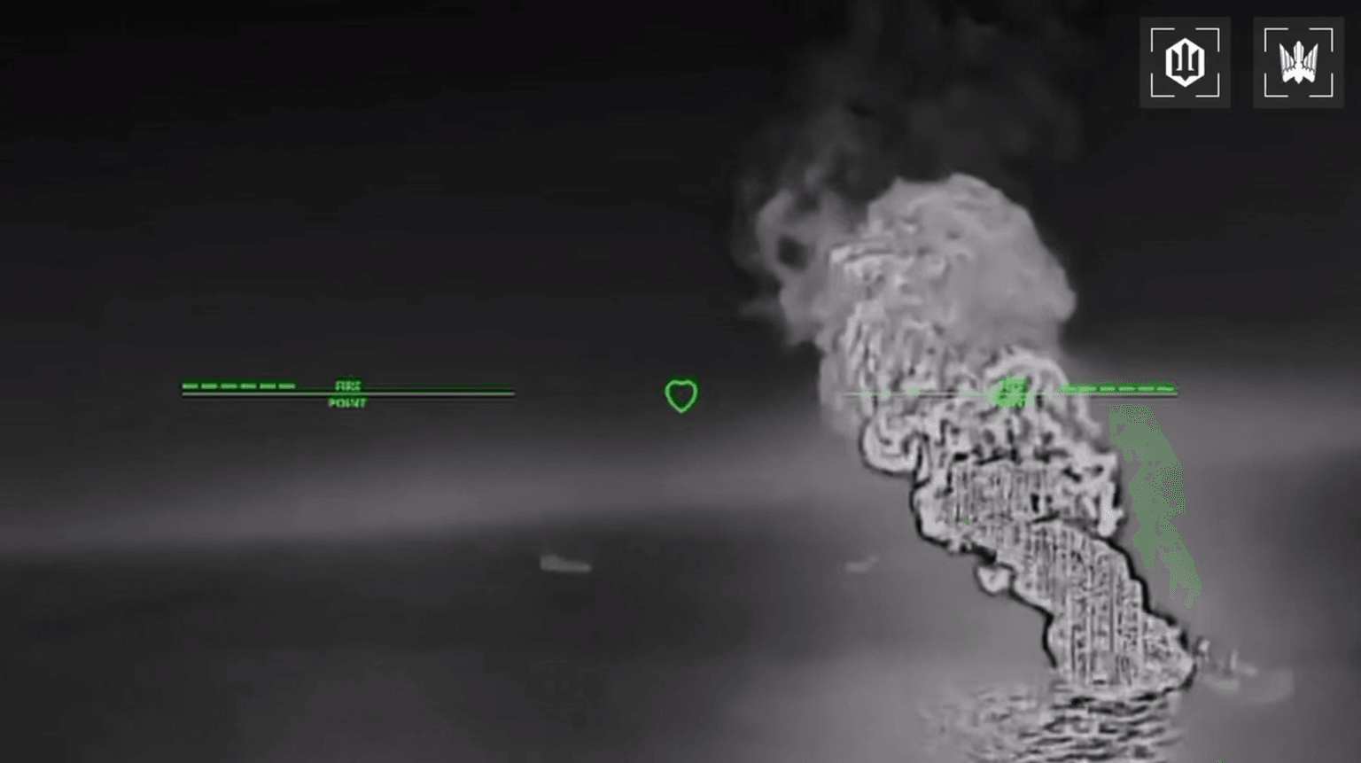 A screenshot from a video allegedly capturing fire following a Ukrainian drone strike on one of the Russian shadow fleet tankers in the Azov Sea overnight on July 7, 2026. (Robert "Madyar" Brovdi / Telegram)
