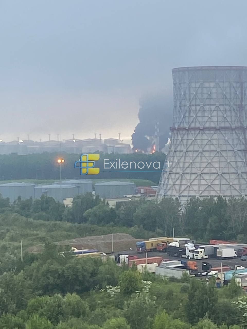 A purported photo of the aftermath of a reported Ukrainian drone strike on the St. Petersburg Oil Terminal on July 4, 2026. (Exilenova_plus/Telegram)