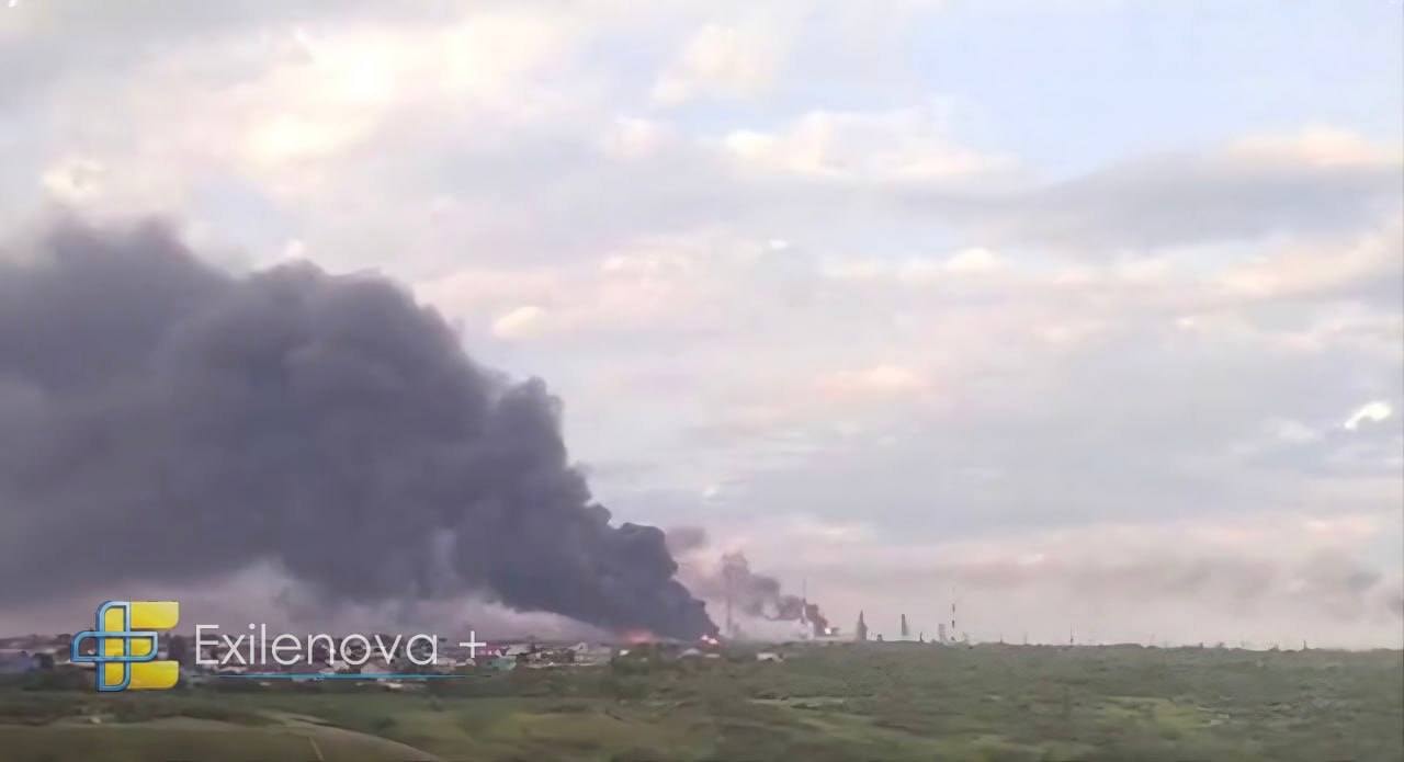 Thick black smoke rises over the city of Szyran in the morning hours of July 12, 2026 following a reported Ukrainian strike on the Szyran Oil Refinery. (Exilenova_plus/Telegram)