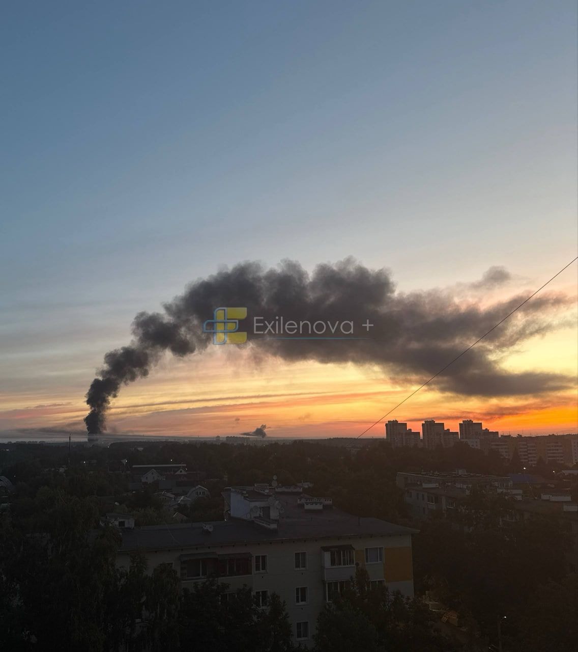A fire burns in the city of Podolsk in Moscow Oblast overnight on July 20, 2026 following a reported Ukrainian drone attack on the city. (Exilenova_plus/Telegram)