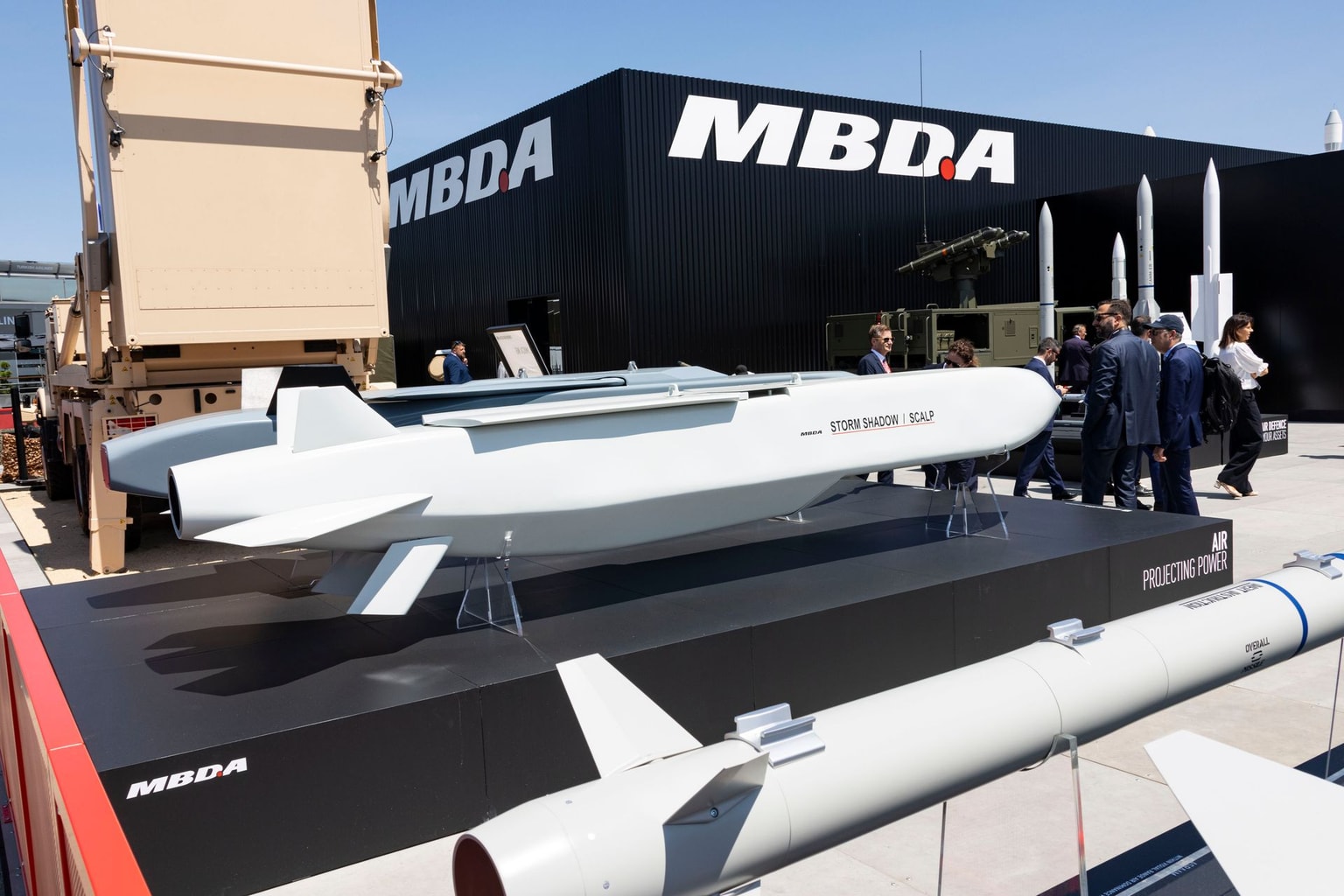 SCALP EG / Storm Shadow low-observable, long range air launched cruise missile displayed at Paris Air Show with the MBDA logo. The air to surface weapon from the European manufacturer MBDA at the company's booth at International Paris Air Show 2025 in Le Bourget Airport. (Nicolas Economou/NurPhoto via Getty Images)