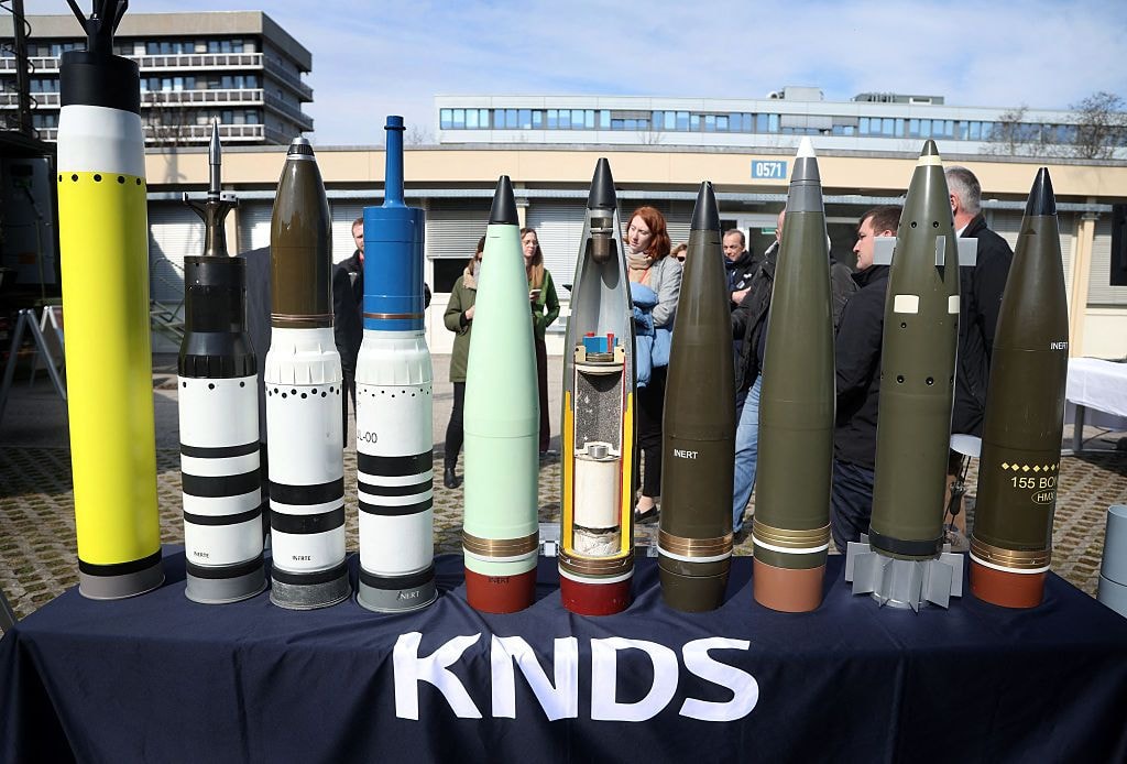 Tank and artillery shells are on view during the KNDS Media Day event in Munich on March 19, 2026. (Photo by Karl-Josef Hildenbrand / AFP via Getty Images)