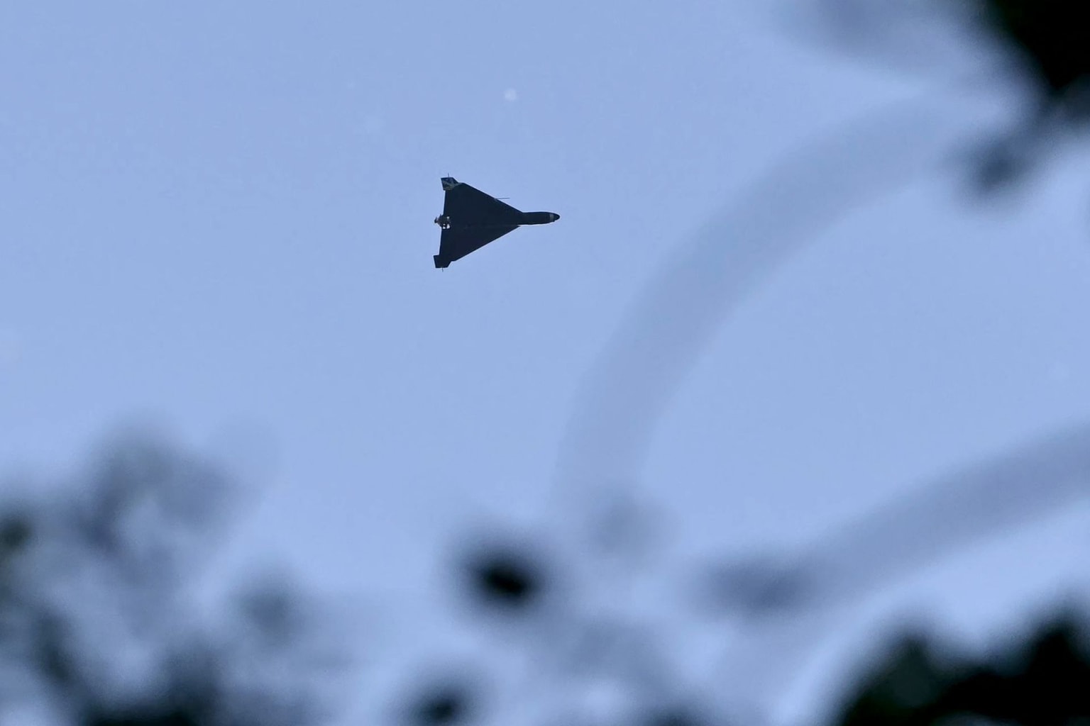 A Russian drone flies over Kyiv, Ukraine, on May 24, 2026.