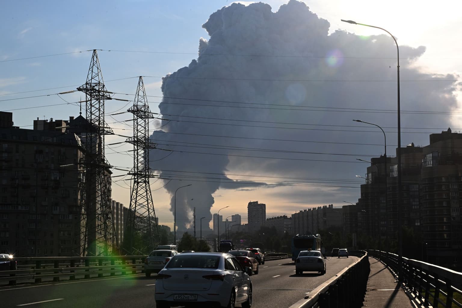 A large plume of smoke rises over Wildberries logistics facilities in St. Petersburg, Russia on July 24, 2026