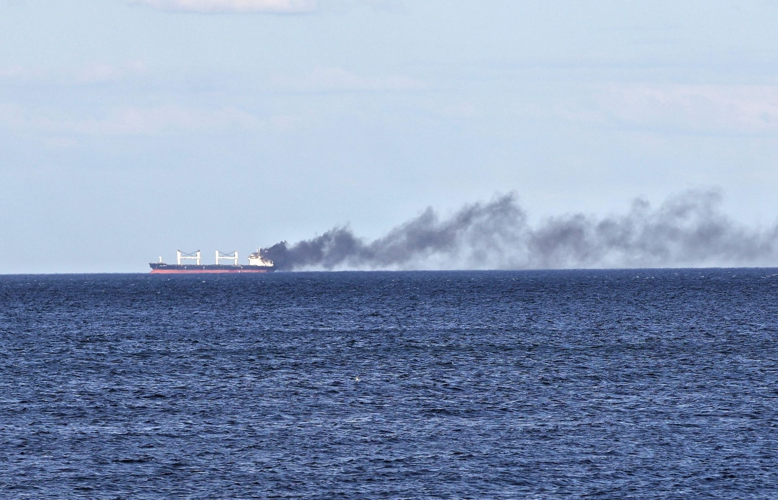 Black smoke rises from a vessel damaged by a Russian attack in the Black Sea off Odesa Oblast, Ukraine, on July 28, 2026. (Nina Liashonok / Ukrinform / NurPhoto / Getty Images)