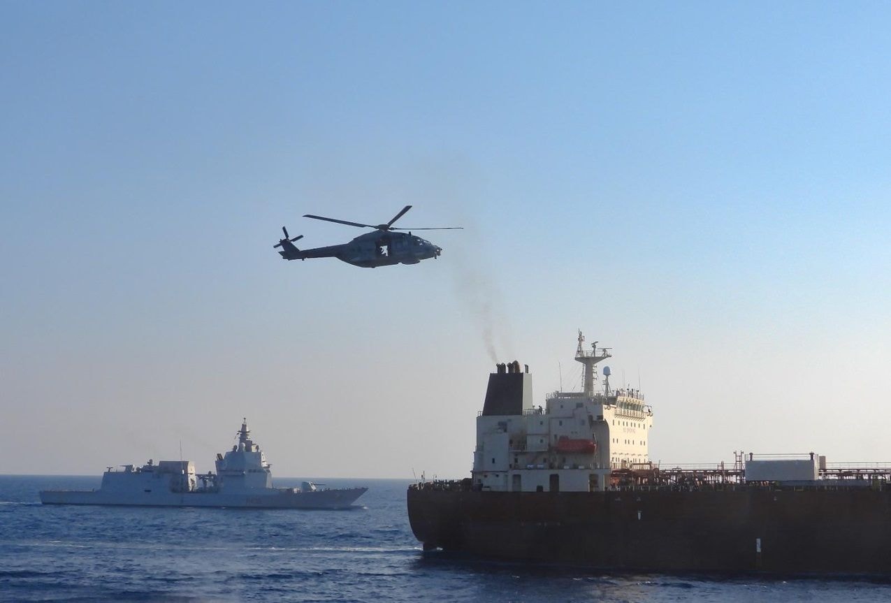 A joint EU force led by the Italian Navy boards a sanctioned Russian shadow fleet tanker, the Toa Payoh, in the Mediterranean Sea on Aug. 2, 2026. (Italian Defense Ministry)