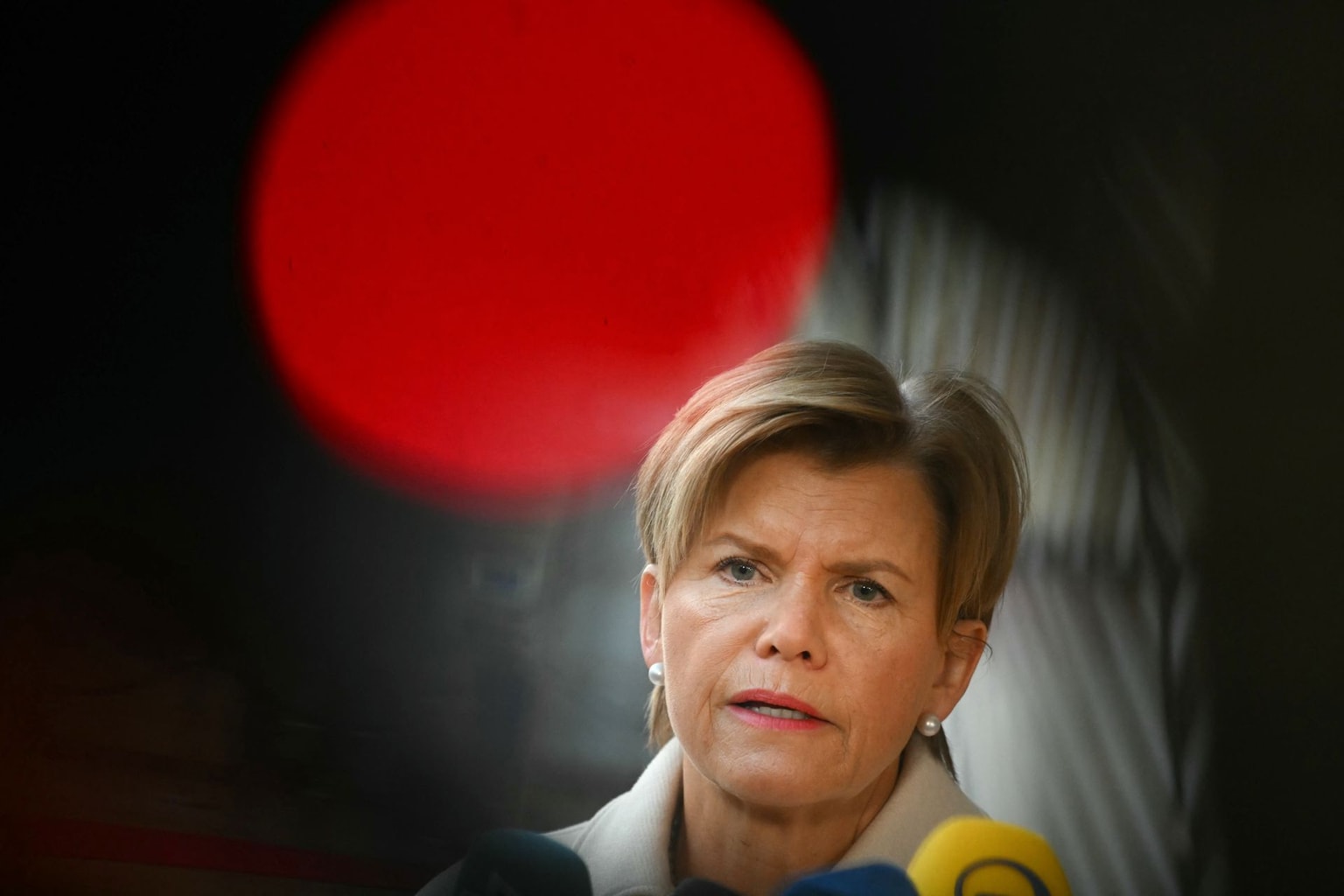 Latvia's Foreign Minister Baiba Braze speaks to the media as she arrives for a Foreign Affairs Council to discuss Russia's war of aggression against Ukraine, in Brussels on March 16, 2026. (Nicolas Tucat / AFP via Getty Images)