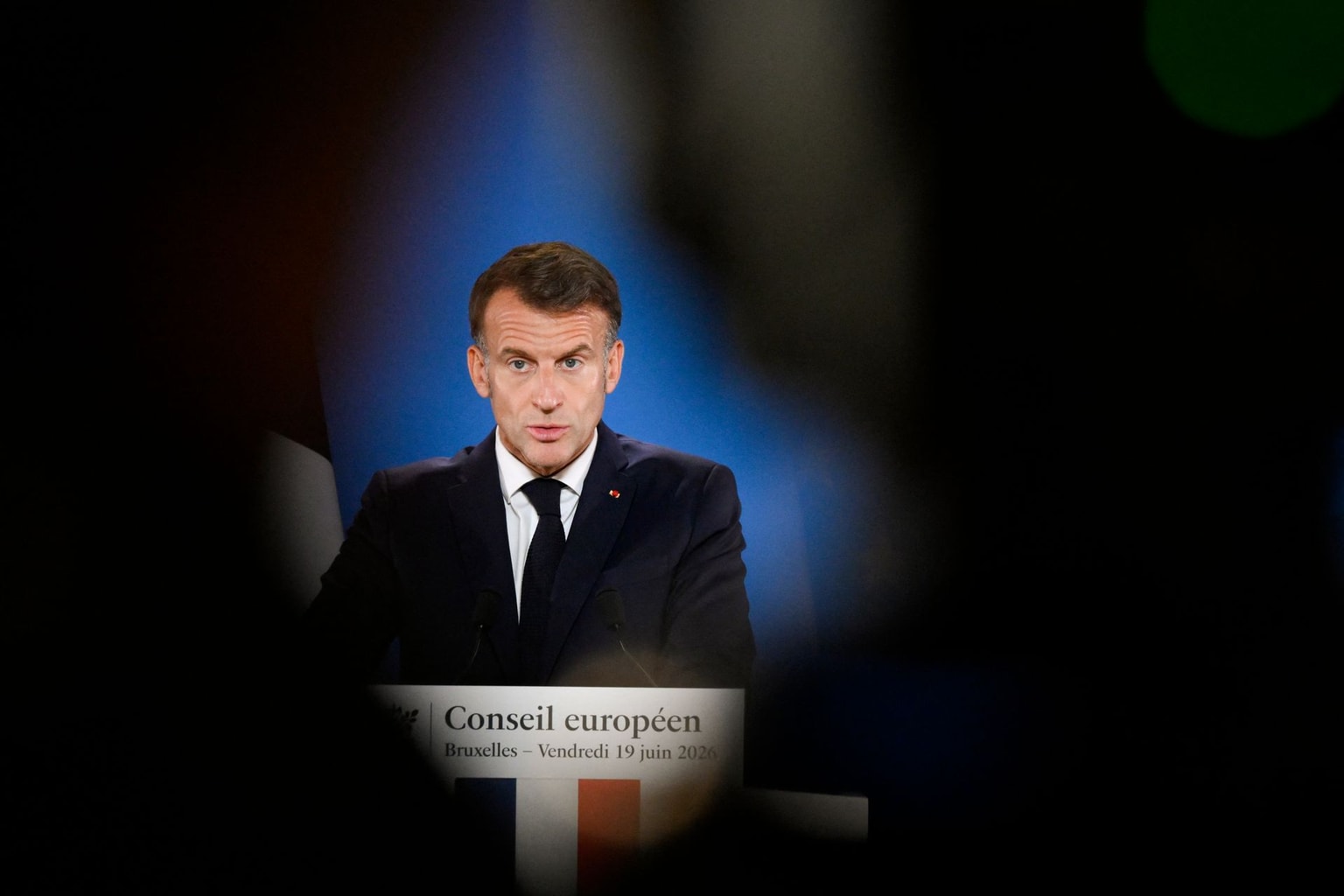 France's President Emmanuel Macron speaks during the final press conference of the June, 19, 2026 European Council Summit in Brussels, Belgium. (John Thys / AFP via Getty Images)