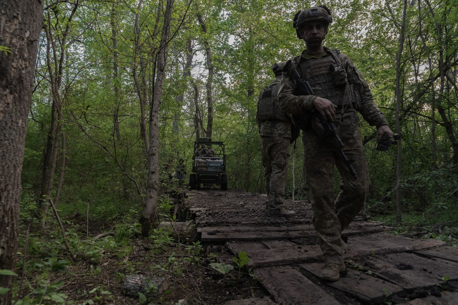 Soldiers of the 3rd Army Corps transport supplies across the Siverskyi Donets River in Donetsk Oblast on May 12, 2026. (Photo by Polina Kulish/Gwara Media/Global Images Ukraine via Getty Images)