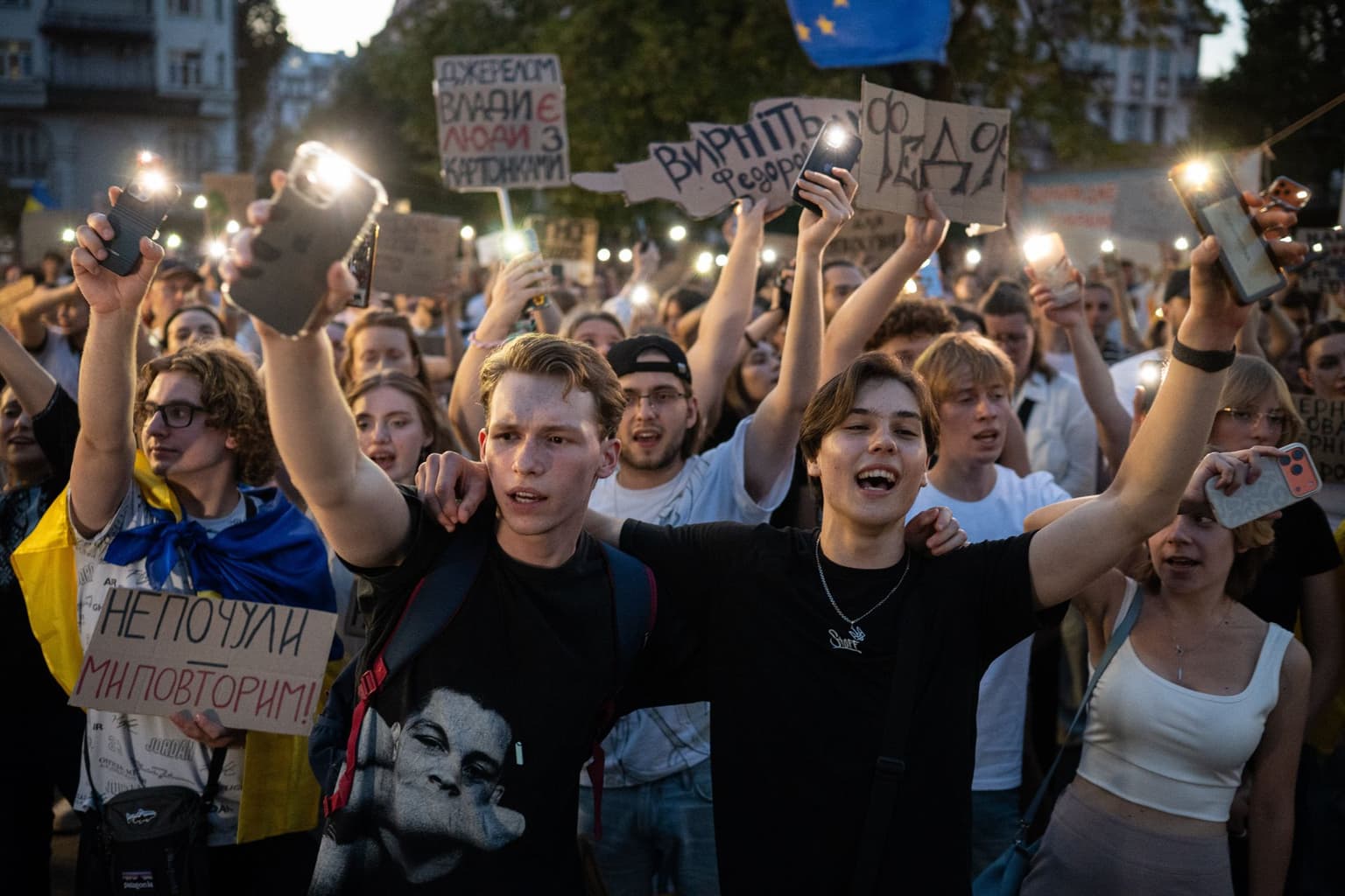 Thousands attend a rally protesting the dismissal of Defense Minister Mykhailo Fedorov in Kyiv, Ukraine, on Aug. 16, 2026.
