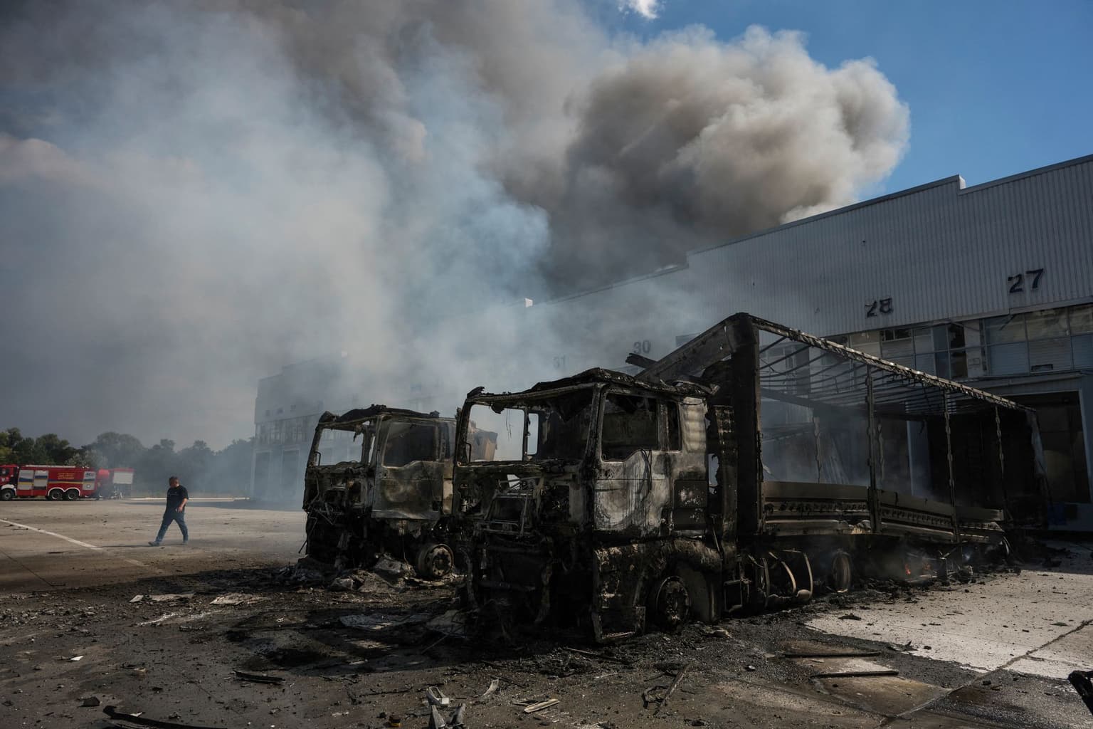 burning auto parts warehouse following an air attack in Kyiv, Ukraine, on Sept. 2, 2026.