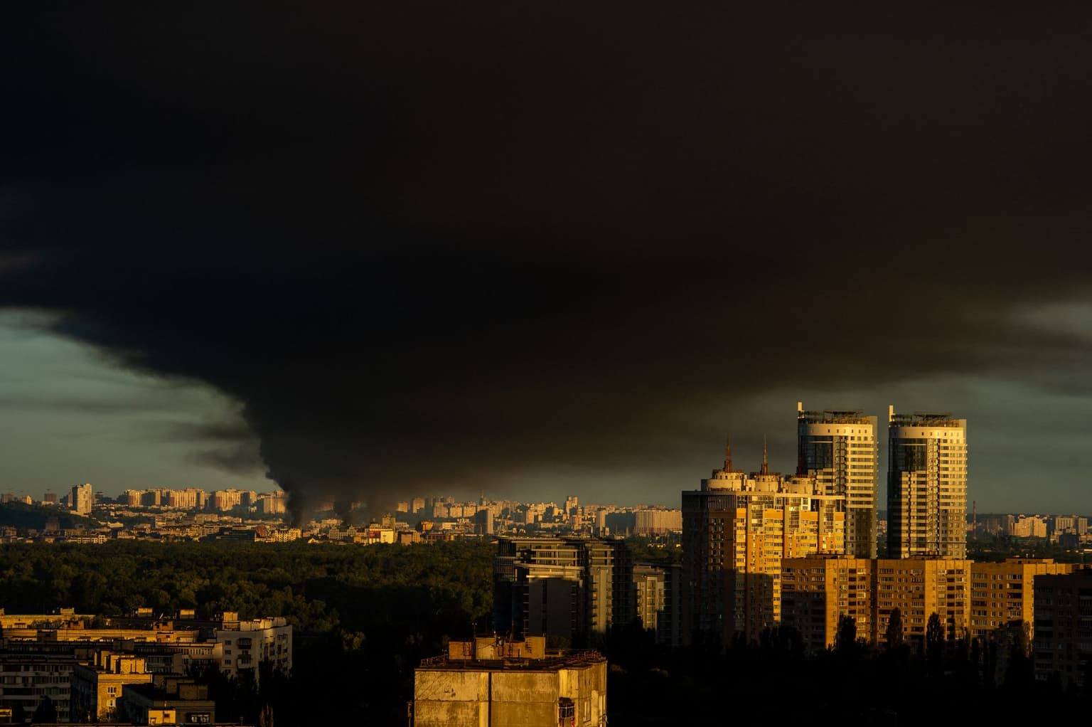 Smoke rising following a Russian missile strike in Kyiv, Ukraine, early on Sept. 8, 2026.