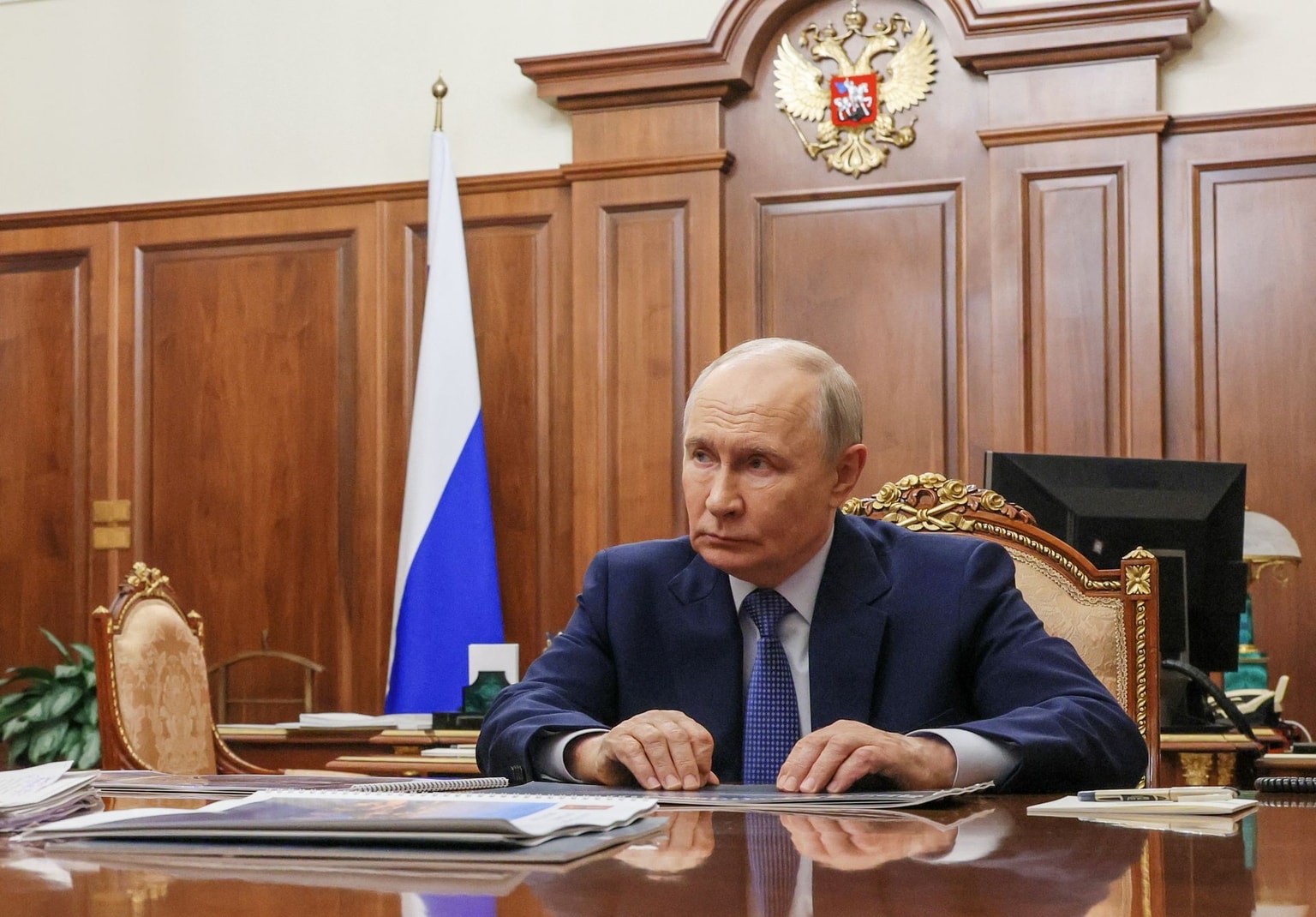 In this pool photograph distributed by the Russian state agency Sputnik, Russia's President Vladimir Putin meets the governor of Tver region in Moscow on September 8, 2026. (Photo by Mikhail Metzel / Pool / AFP via Getty Images)