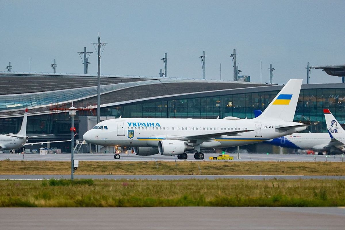 Ukrainian plane UR-AB, believed to carry President Volodymyr Zelensky and his wife Olena Zelenska, lands at Gardermoen airport near Oslo before Norway's Harald V's funeral on Sept. 9, 2026 in Oslo. (Frederik Ringnes / NTB / AFP via Getty Images) 