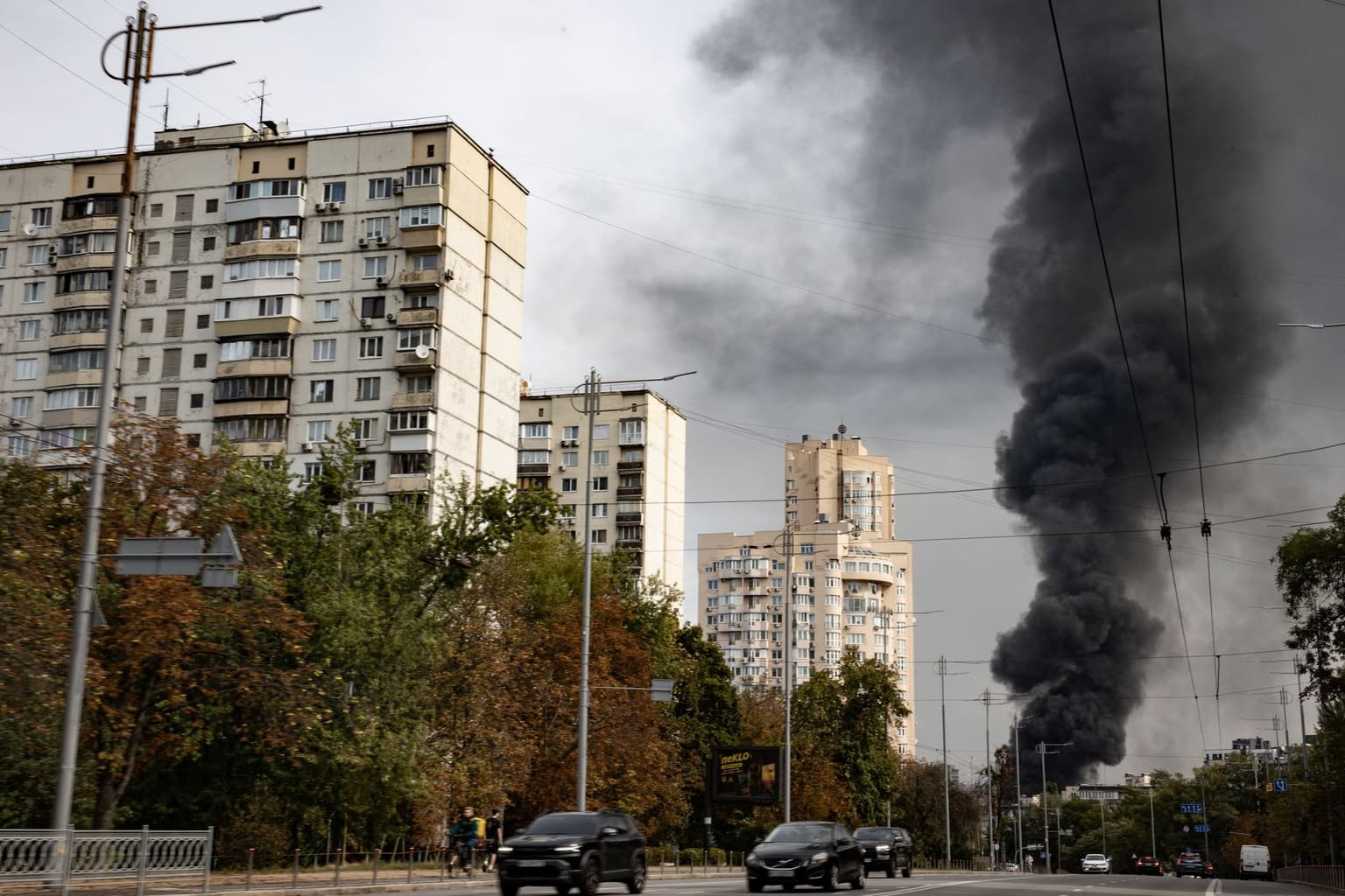 Smoke from a Russian drone strike rises over a residential area in Kyiv, Ukraine, on Sept. 23, 2026.