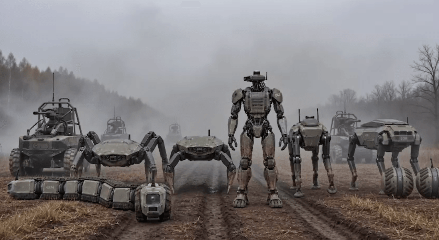 A screenshot from an AI-generated video showing hypothetical military robots, posted by former defense minister Mykhailo Fedorov on Sept. 26, 2026. (Mykhailo Fedorov / Telegram) 
