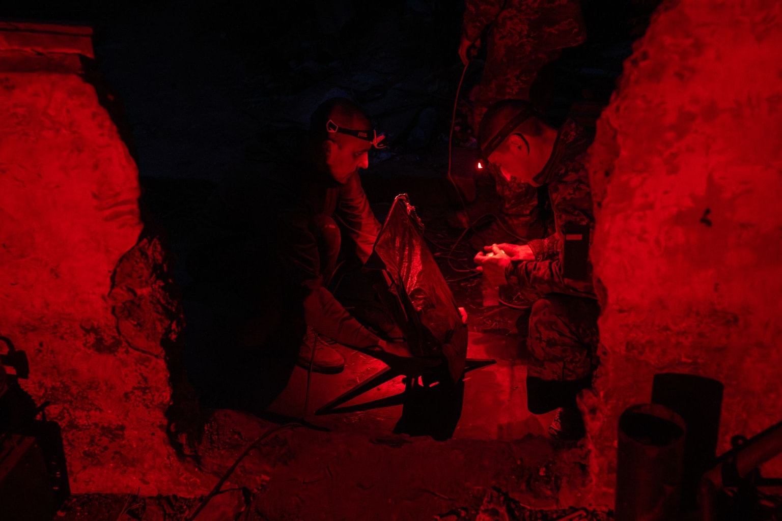 Ukrainian mortar crews of the 225th Battalion install a Starlink satellite modem at a new position to maintain uninterrupted communication in Chasiv Yar, Donetsk Oblast, Ukraine, on April 28, 2024. (Ibragimov / Suspilne Ukraine / JSC “UA:PBC” / Global Images Ukraine via Getty Images)