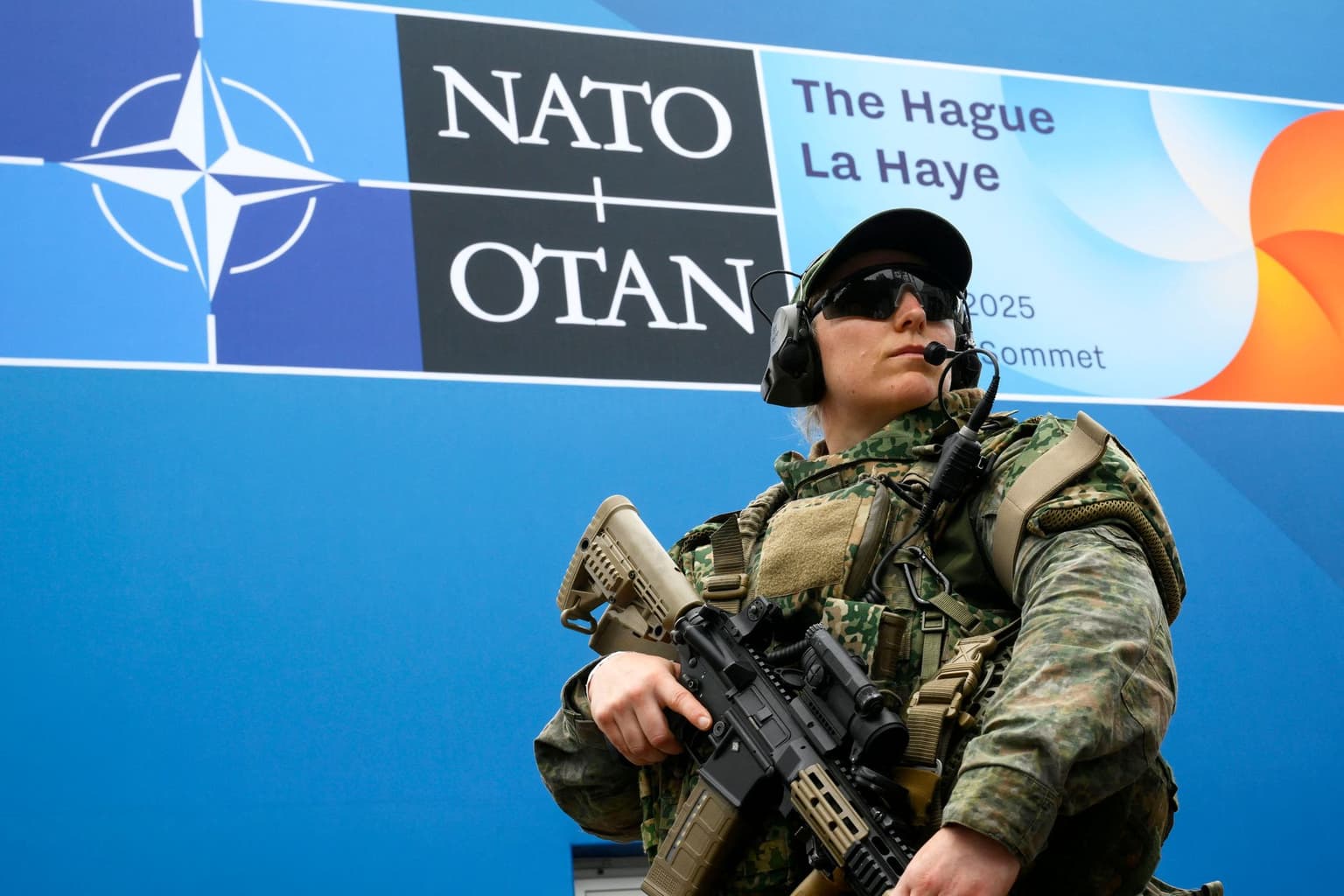A soldier patrols outside the NATO summit venue in The Hague, Netherlands, on June 24, 2025.