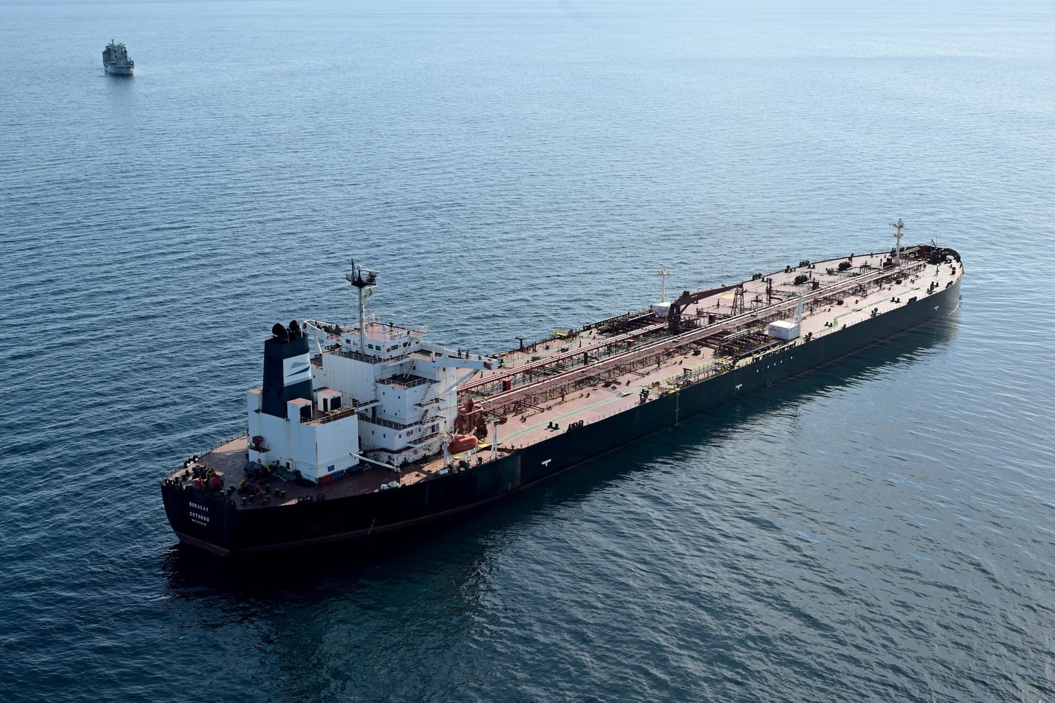 An aerial picture taken on Oct. 1, 2025 off the coast of the western France port of Saint-Nazaire shows the tanker Boracay from Russia's so-called "shadow fleet." (DAMIEN MEYER/AFP via Getty Images)