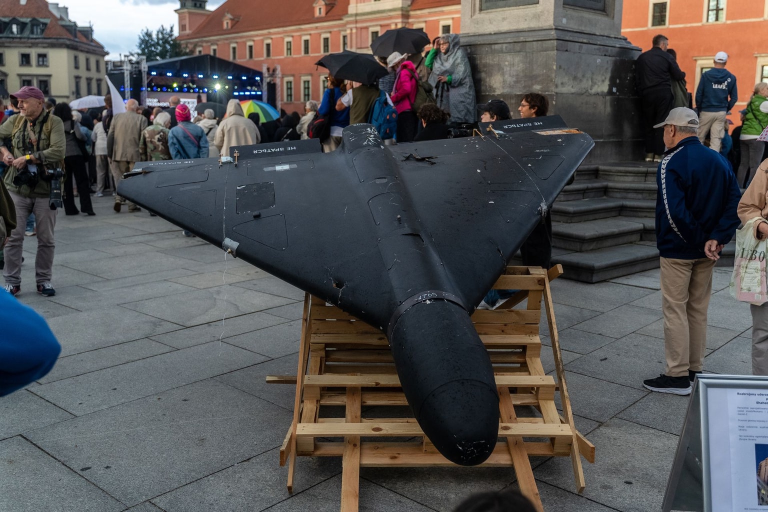 Photo for illustrative purposes: A Shahed 136 one-way attack drone, also known by its Russian designation Geran-2, is displayed during celebrations marking the 35th anniversary of Ukraine's independence at Castle Square in Warsaw, Poland, on August 24, 2026. (Marek Antoni Iwanczuk/NurPhoto via Getty Images)