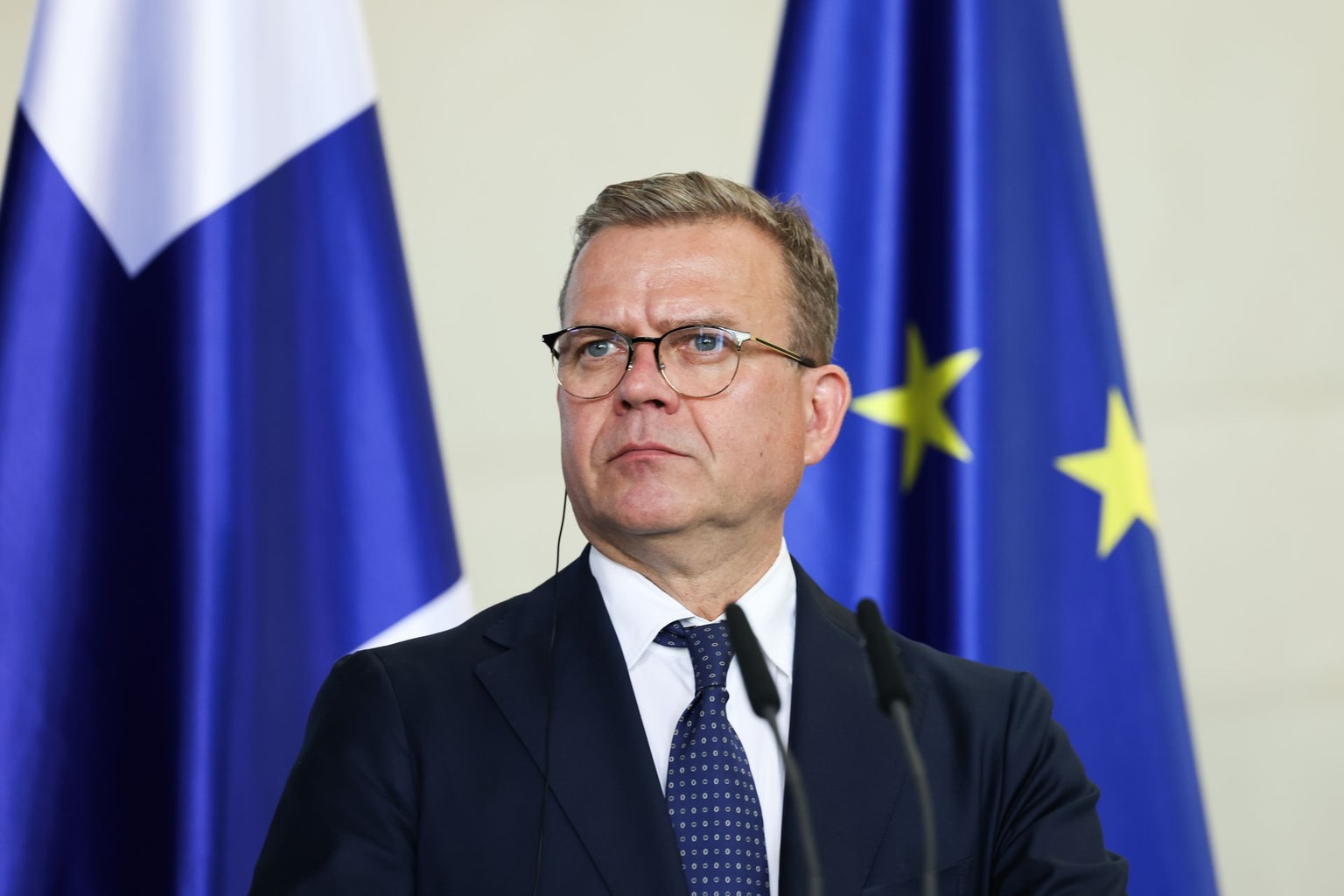 Petteri Orpo, Finland's prime minister, during press statements following talks about the next EU budget in Berlin, Germany on Aug. 27, 2026. (Krisztian Bocsi/Bloomberg via Getty Images)