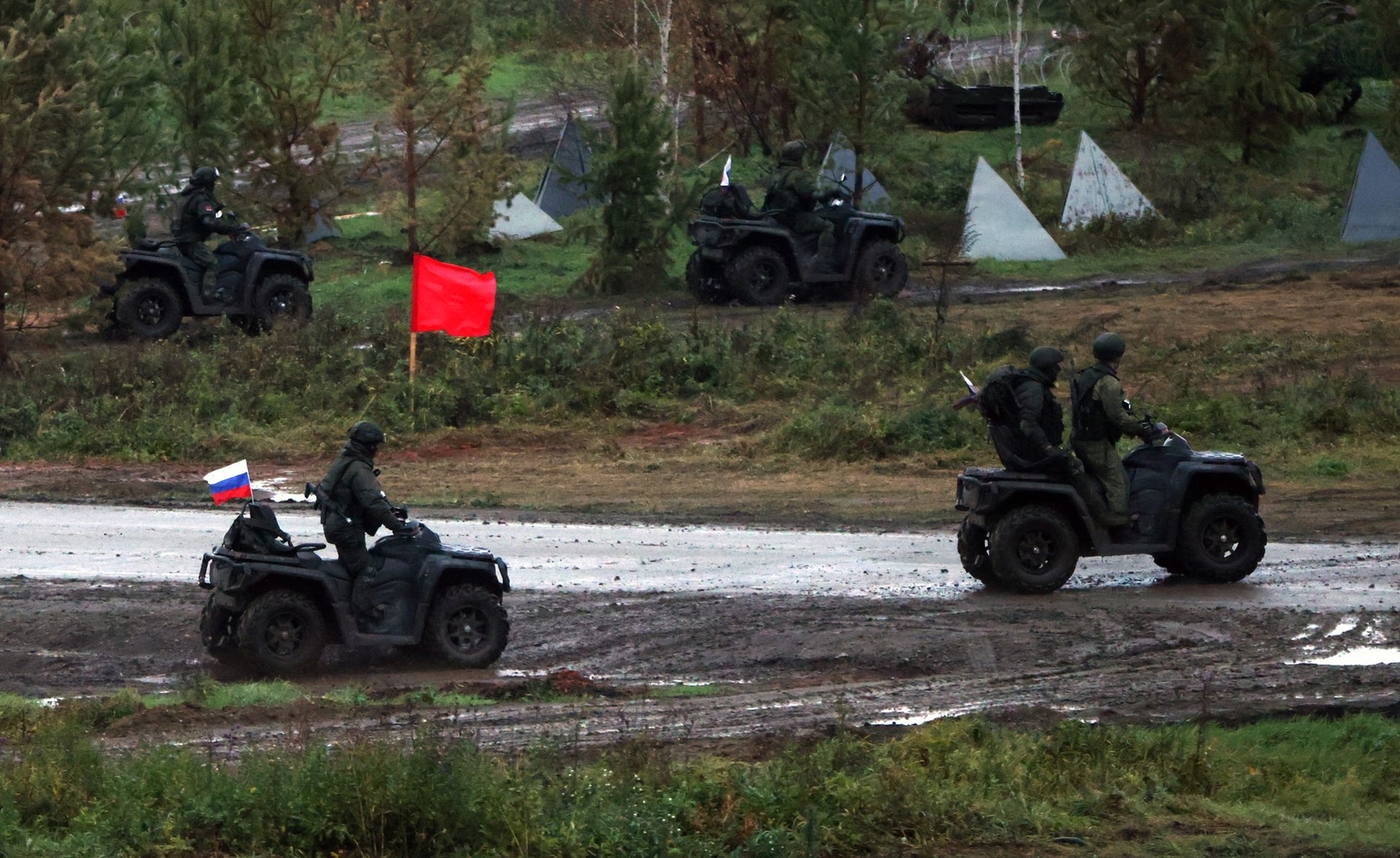 Russian military vehicles move during CSTO military exercises in Chelyabinsk Oblast, Russia, on Oct. 2, 2026.