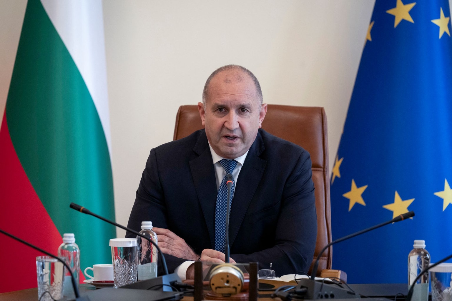 Bulgaria's Prime Minister Rumen Radev speaks during an emergency meeting in Sofia on Oct. 6, 2026. (Photo by Nikolay DOYCHINOV / AFP via Getty Images)