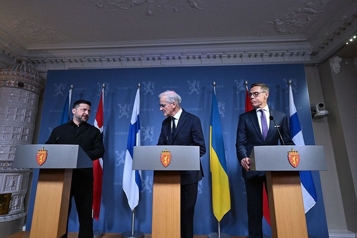 President Volodymyr Zelensky, Norway's Prime Minister Jonas Gahr Store and Finland's President Alexander Stubb deliver a joint press conference after a meeting about Ukraine in Oslo, Norway, on Oct. 20, 2026. (Jonathan Nackstrand / AFP via Getty Images)
