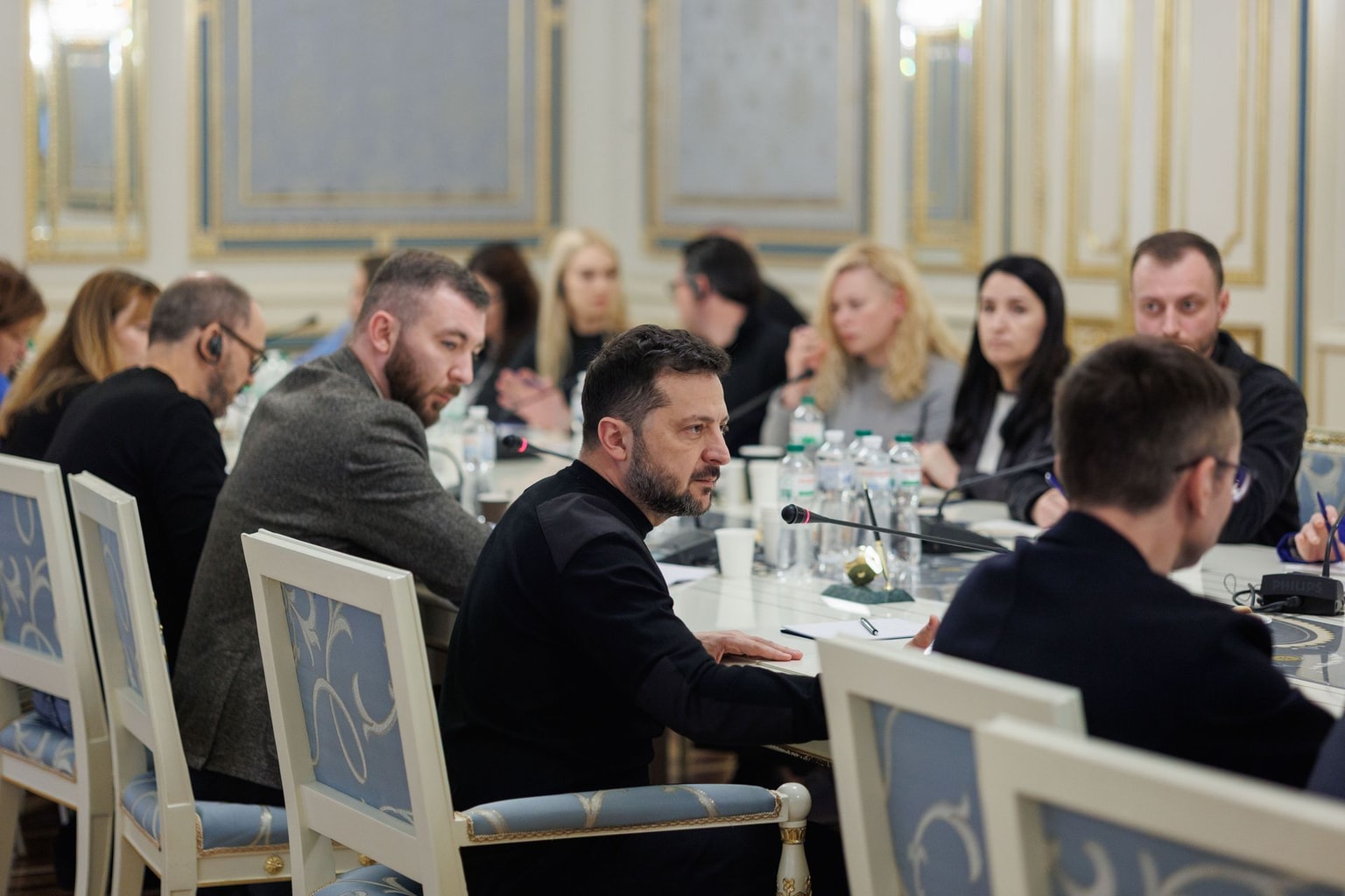President Volodymyr Zelensky talks to journalists during a press briefing on Oct. 27, 2026, in Kyiv, Ukraine. (Presidential Office)