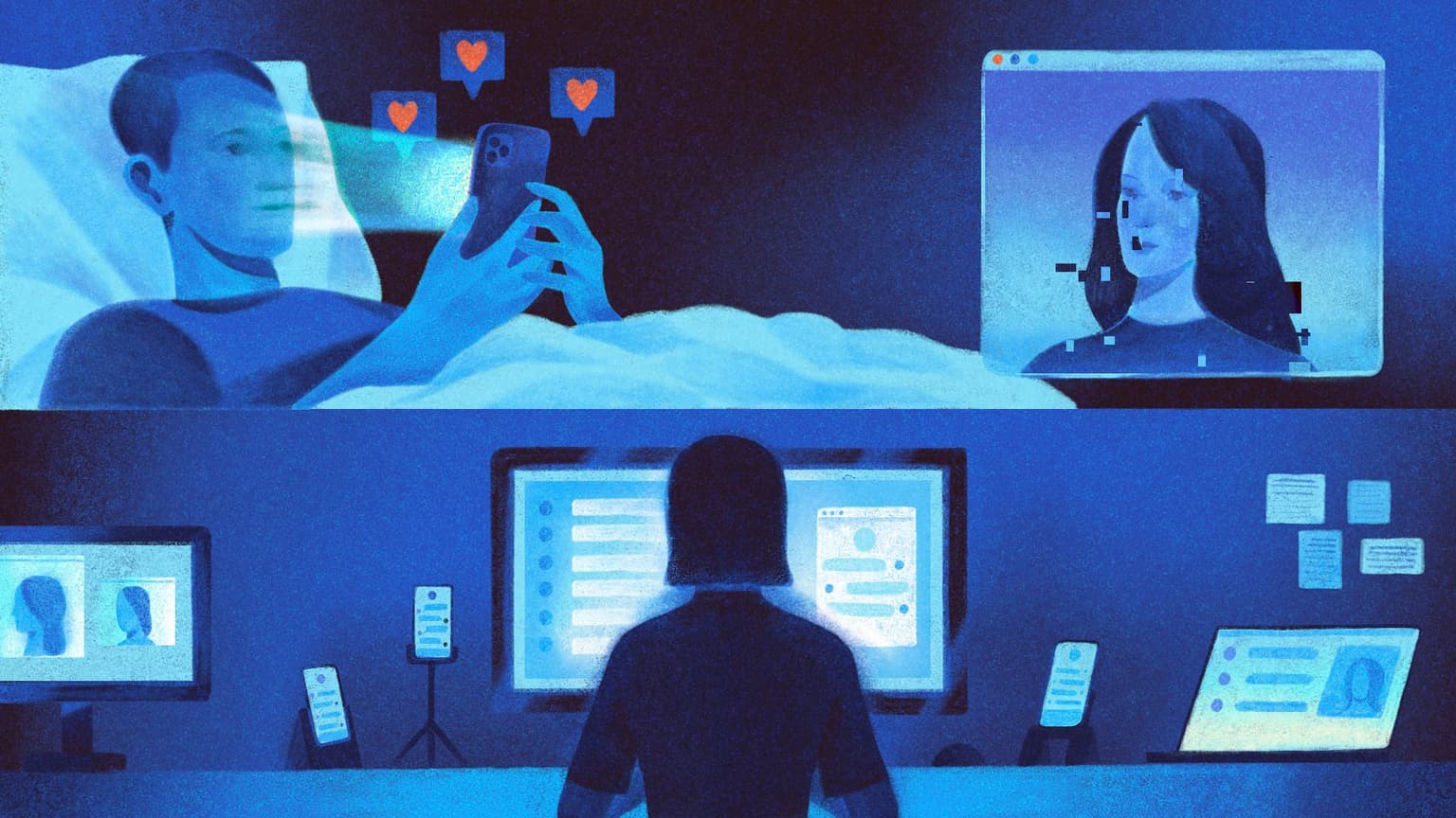 An illustration of a man talking to a woman on an online dating site.